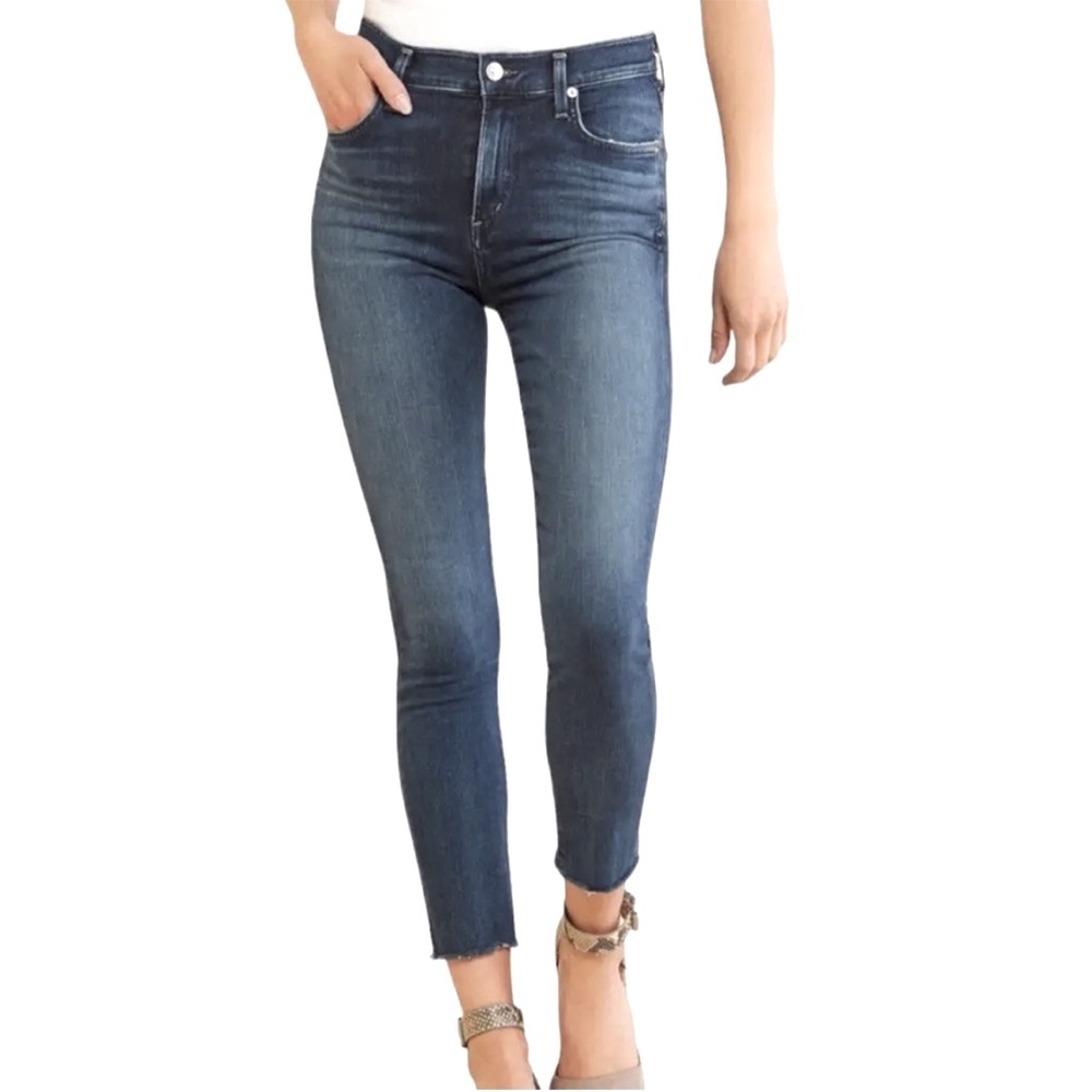 Agolde jeans - medium/dark blue “Sophie Crop” skinny stretch raw hem